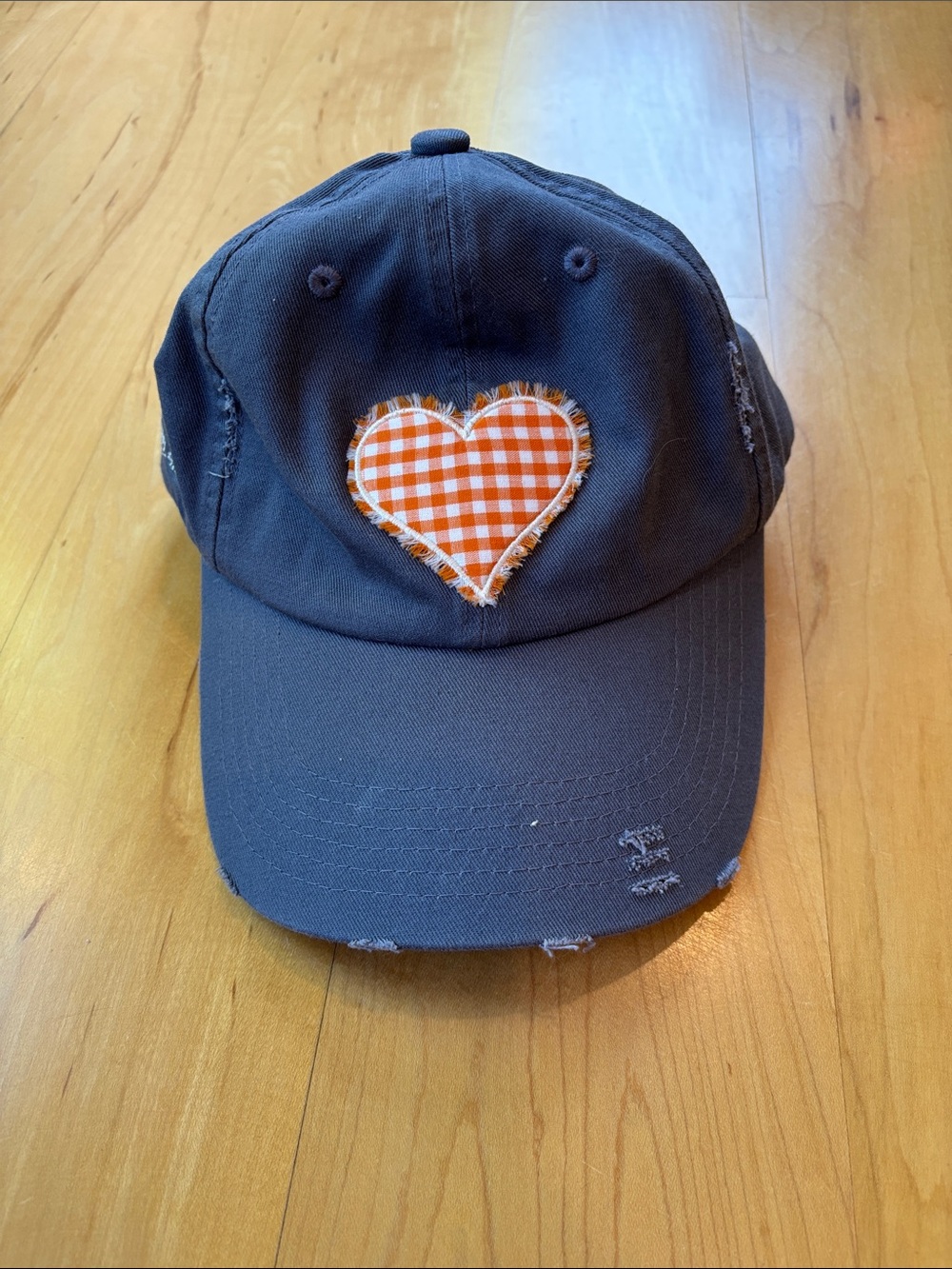 Distressed Navy Baseball Cap with Orange Gingham Heart Patch